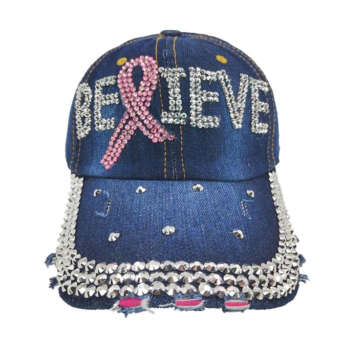 Black Bling Pink Ribbon Believe Message Baseball Cap,  a beautiful Baseball Cap for smart and trendy women! Perfect for walks in the sun or rain, great for a bad hair day, and still looks cool. Soft textured, embroidered message and distressing contrast stitching baseball cap with Believe message will become your favorite cap. show your trendy side with this Pink Ribbon-themed baseball cap. Make You More Attractive And Beautiful Among The Crowd. Have fun and look Stylish.