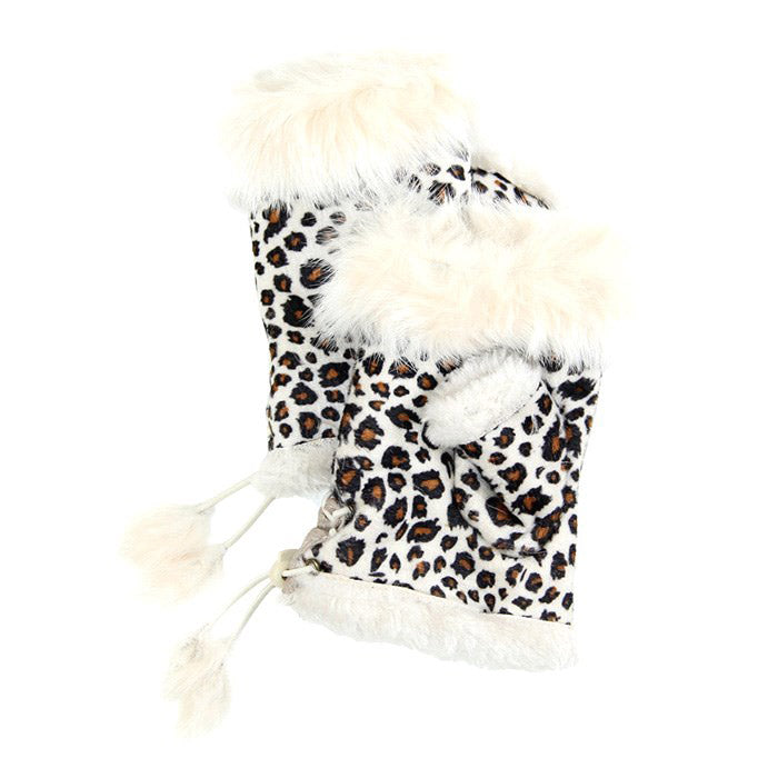 Ivory Leopard Fingerless Fur Trim Gloves Leopard Fingerless Gloves give your look so much eye-catching texture with these fingerless gloves in a cozy faux suede, Warm gloves Comfy Gloves, open finger to use electronic devices, gloves with fur trim & adjustable drawstring