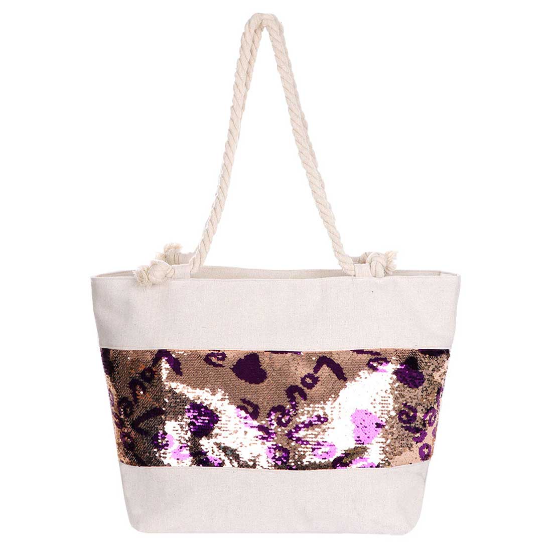 Silver Sequin Love Heart Rope Tote Beach Bag. Show your trendy side with this awesome Love Heart tote bag. This fashionable bag will be your new favorite accessory. Perfectly lightweight to carry around all day. Perfect Birthday Gift, Anniversary Gift, Mother's Day Gift, Valentine's Day Gift.