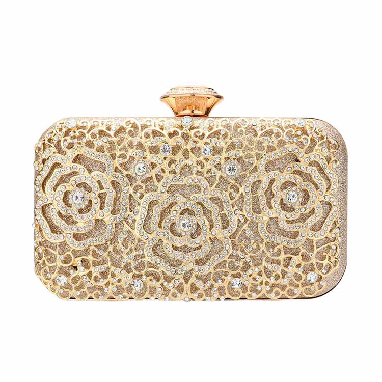Rose Gold Stone Flower Glittered Evening Tote Clutch Crossbody Bag, is beautifully designed and fit for all occasions & places. Show your trendy side with this awesome evening crossbody bag. Versatile enough for carrying straight through the week, perfectly lightweight to carry around all day on special occasions. Perfect for makeup, money, credit cards, keys or coins, and many more things. 