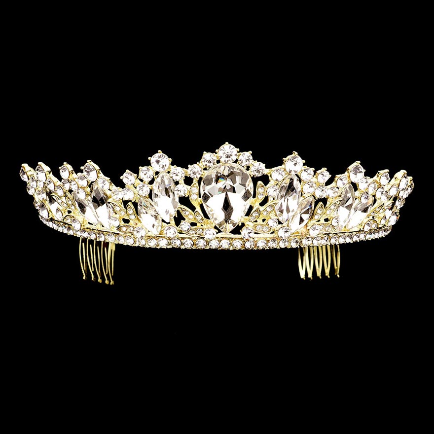 Gold Teardrop Marquise Stone Accented Princess Tiara, this tiara features precious stones and an artistic design. Makes you more eye-catching in the crowd. She will be instantly transformed into a fairytale princess. A stunning teardrop stone tiara that can be a perfect bridal headpiece. This hair accessory is really beautiful, pretty, and lightweight.