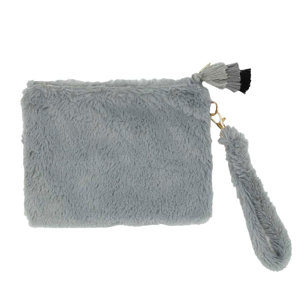 Black Faux Fur Tassel Pouch With Wristlet, shows your trendy look with this awesome tassel pouch design wristlet bag. Whether you are out shopping, going to the pool or beach, or anywhere else. These tassel themed pouch bag is the perfect accessory for holding your handy items comfortably. Spacious enough for carrying any and all of your belongings and essentials. Perfect Birthday Gift, Anniversary Gift, Just Because Gift, Mother's Day Gift.