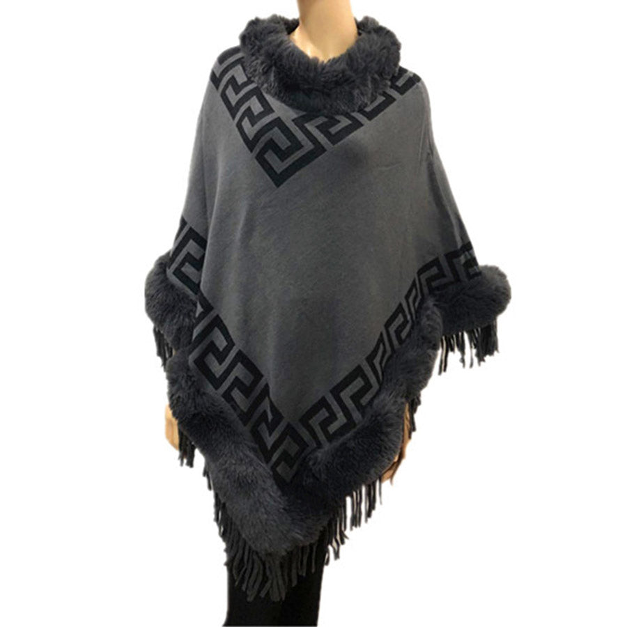 Faux Fur Trim Gray Knit Greek Key Poncho Ruana, Gray Meander Pattern with Faux Fur Trim Poncho Ruana, warm soft and elegant, great for any occasion, will become your favorite accessory