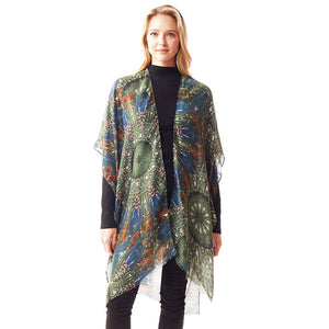 Green Peacock Feather Printed Ruana Poncho, beautifully Peacock Feather designed Poncho is made of soft and breathable material that amps up your real and gorgeous look with a perfect attraction anywhere, anytime. Its eye-catchy design makes it unique from others and makes you stand out. Coordinate with any ensemble to finish in perfect style and get ready to receive beautiful compliments. It will be your favorite accessory to wear everywhere with confidence.