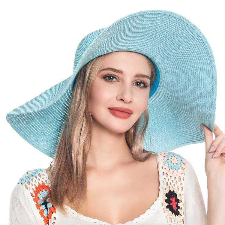 Light Blue Solid Straw Sun Hat, This handy Portable Packable Roll Up Wide Brim Sun Visor UV Protection Floppy Crushable Straw Sun hat that block the sun off your face and neck. A great hat can keep you cool and comfortable. Large, comfortable, and ideal for travelers who are spending time in the outdoors.