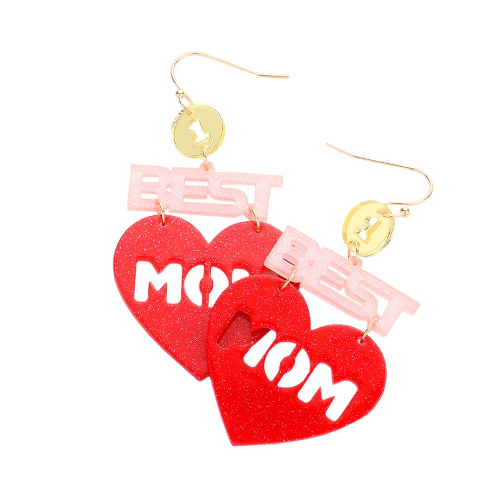Multi 1 Best Mom Glittered Resin Heart Message Dangle Earrings, are a beautiful pair of earrings that is perfect for showing your love for your mom. Wear while going out with mom or on mother's day, valentine's day, family occasions, mom's birthday, & other meaningful occasions with mom. A fantastic gift for your mom.
