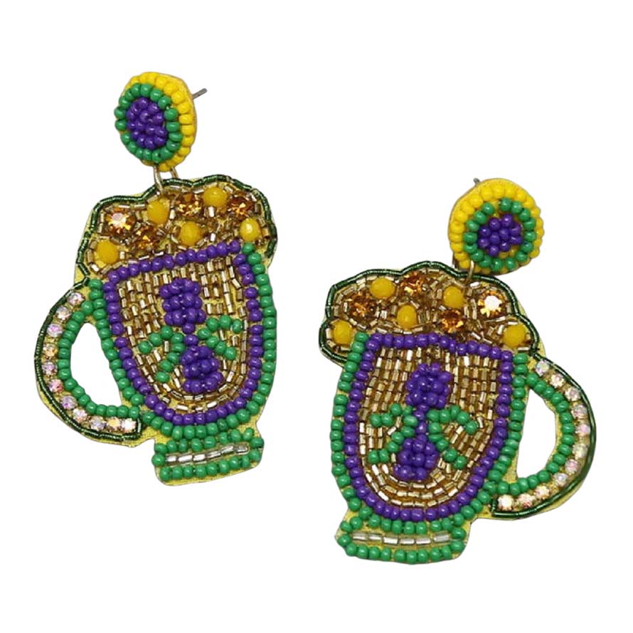 Multi  Mardi Gras Beer Mug Seed Beaded Earrings, turn your ears into a chic fashion statement with these beer mug seed beaded earrings! Put on a pop of color to complete your ensemble stylishly with these Mardi Gras-themed beer mug earrings. Highlight your appearance and grasp everyone's eye at any place.