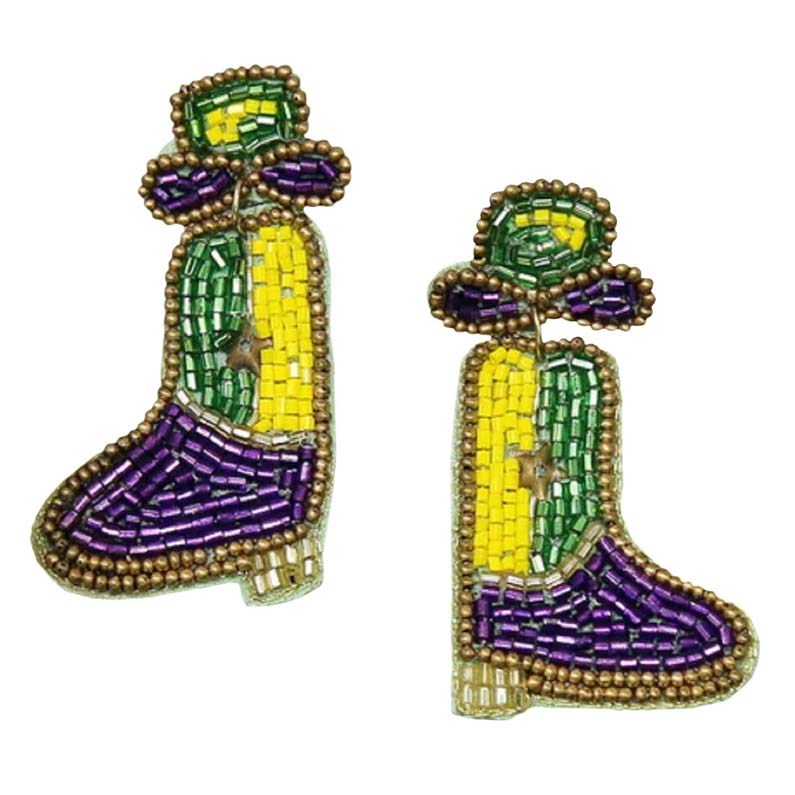 Multi Mardi Gras Boots Seed Bead Drop Earrings, this pair of mardi gras seed bead drop earrings will drop effortlessly from your earlobes bringing positive attention to your beautiful appearance. These boots seed bead earrings feature a mardi gras theme with a beautiful combination of mardi gras colors & elements, including yellow, purple, & green seed bead details. These earrings can match your carnival costume or dress and make you immersed in the carnival festival giving off a strong festive atmosphere!