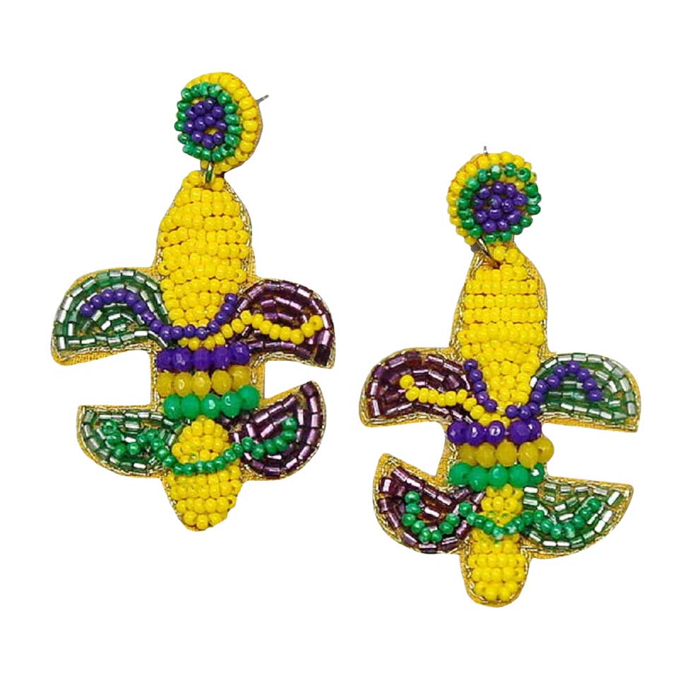 Multi Mardi Gras Fleur De Lis Seed Bead Drop Earrings, turn your ears into a chic fashion statement with these fleur de lis seed beaded drop earrings! Put on a pop of color to complete your ensemble stylishly with these mardi gras earrings. Highlight your appearance and grasp everyone's eye at any place. 