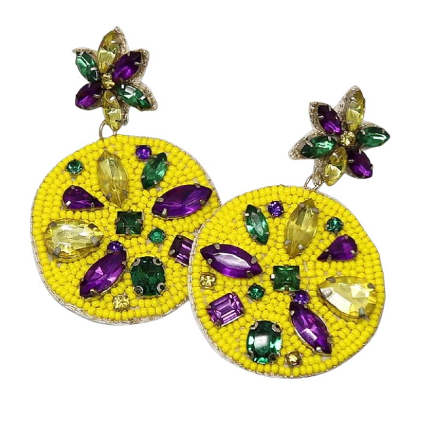 Multi Mardi Gras Glass Stone Embellished Seed Bead Disc Earrings, beautifully crafted glass stone design adds a gorgeous glow to any outfit. Wear these beautiful Mardi Gras glass stone seed beaded earrings to get immediate compliments. Highlight your appearance and grasp everyone's eye at any place. These earrings can match your carnival costume or dress and make you immersed in the carnival festival giving off a strong festive atmosphere! 