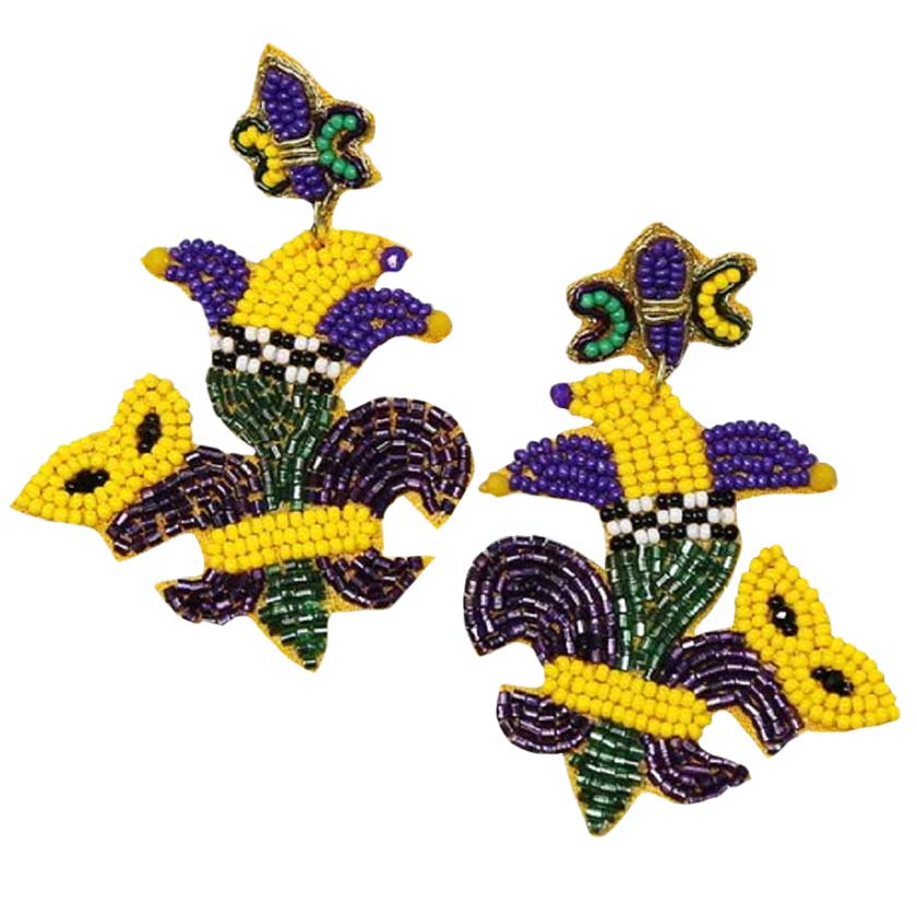 Multi Mardi Gras Jester Fleur De Lis Seed Bead Drop Earrings, The beautifully crafted design of Mardi Gras-themed jester seed bead drop earrings adds a gorgeous glow to your Mardi Gras outfit. These fleur de lis seed bead earrings rock every party you attend. Enhance your attire & wear comfortably these lightweight earrings. Put on a pop of color to complete your ensemble with these Mardi Gras drop earrings.