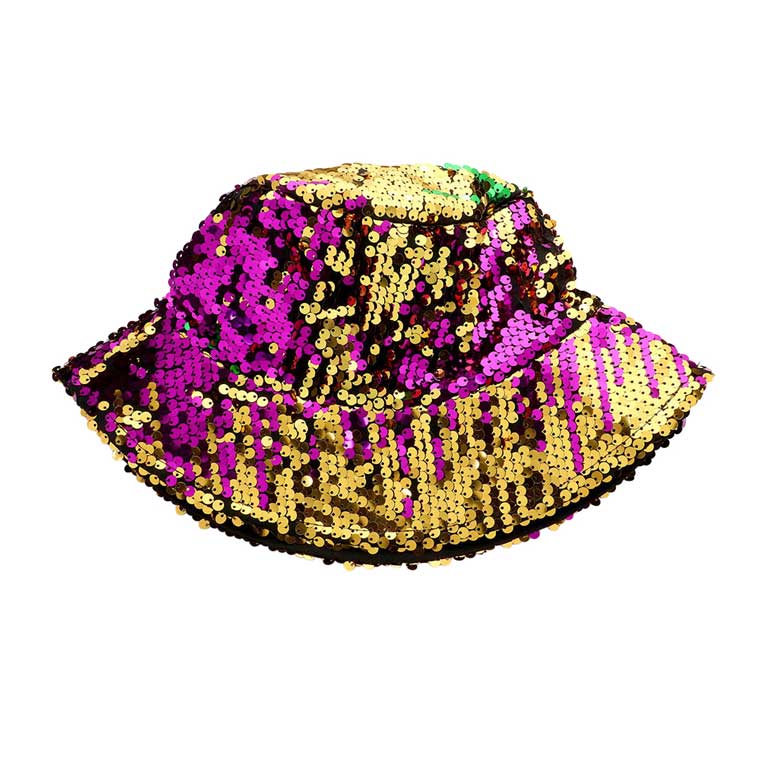Multi Mardi Gras Reversible Sequin Bucket Hat, this sequin hat is an accessory that's sure to get you the attention you deserve this Mardi Gras season. Accented width purple, green, and gold sequin that can be hidden by simply reversing the hat! This is absolutely a fabulous hat for this mardi gras event.