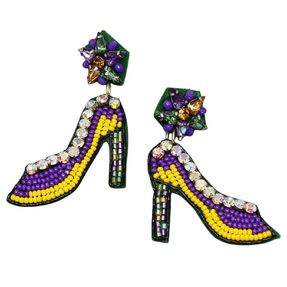 Multi Mardi Gras Stiletto Shoes Seed Beaded Earrings, this awesome pair of mardi gras-themed seed-beaded earrings will drop effortlessly from your earlobes bringing positive attention to your beautiful appearance. These stiletto shoes earrings feature a mardi gras theme with a beautiful combination of mardi gras colors & elements, including yellow, purple, & green seed bead details.