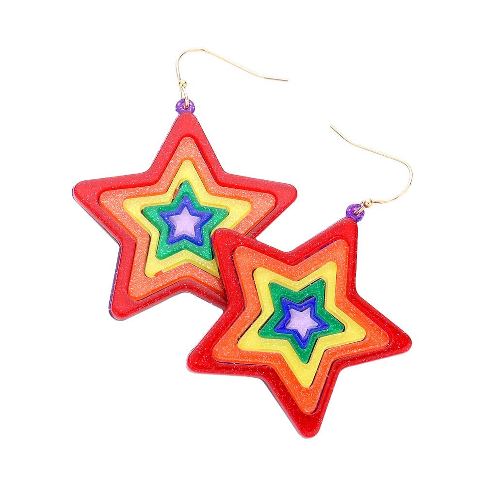 Multi Rainbow Resin Star Dangle Earrings, turn your ears into a chic fashion statement with these star dangle earrings! The beautifully crafted design adds a gorgeous glow to any outfit. Put on a pop of color to complete your ensemble in perfect style. These adorable rainbow resin star dangle earrings are bound to cause a smile. 