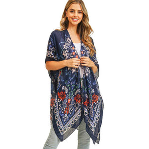 Navy Bohemian Print Cover Up Kimono Poncho. Lightweight and soft brushed fabric exterior fabric that make you feel more warm and comfortable. Cute and trendy Poncho for women .Great for dating, hanging out, daily wear, vacation, travel, shopping, holiday attire, office, work, outwear, fall, spring or early winter. Perfect Gift for Wife, Mom, Birthday, Holiday, Anniversary, Fun Night Out.