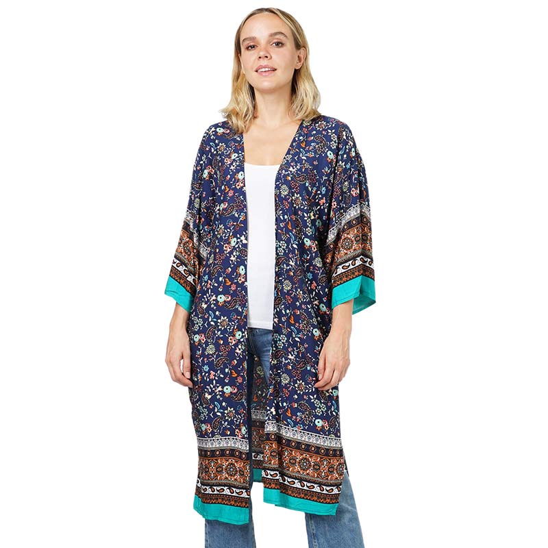 Navy Floral Patterned Cover Up Kimono Poncho, Lightweight and soft brushed fabric exterior fabric that makes you feel more comfortable. A fashionable eye-catcher will quickly become one of your favorite accessories, looking breezy and cool as you head to the beach. 