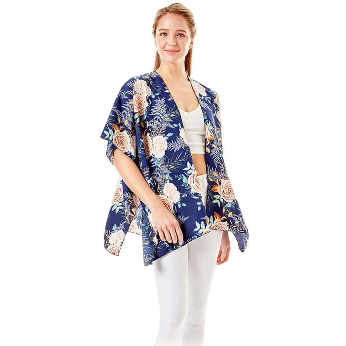 Navy Garden Rose Flower Printed Cover Up Poncho Kimono Poncho, These Poncho featuring a rose flower printed design prints easy to pair with so many tops. Lightweight and Breathable Fabric, Comfortable to Wear. Suitable for Weekend, Work, Holiday, Beach, Party, Club, Night, Evening, Date, Casual and Other Occasions in Spring, Summer and Autumn.