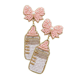 Pink Felt Back Pearl Beaded Bow Baby Bottle Dangle Earrings, felt back pearl bead champagne bottle earrings, these fashionable bow baby bottle earrings are suitable for every girl!  pearl-beaded jewelry that fits your lifestyle, bottle earrings add extra special to your outfit! Beautifully crafted earrings that dangle on your earlobes with a perfect glow to make you stand out and show your unique and beautiful look everywhere, every time.