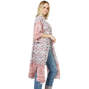 Pink Floral Patterned Cover Up Kimono Poncho,  this timeless Kimono Poncho is Soft, lightweight, and breathable fabric that makes you feel more comfortable. A fashionable eye-catcher, will quickly become one of your favorite accessories, Look perfectly breezy and laid-back as you head to the beach.