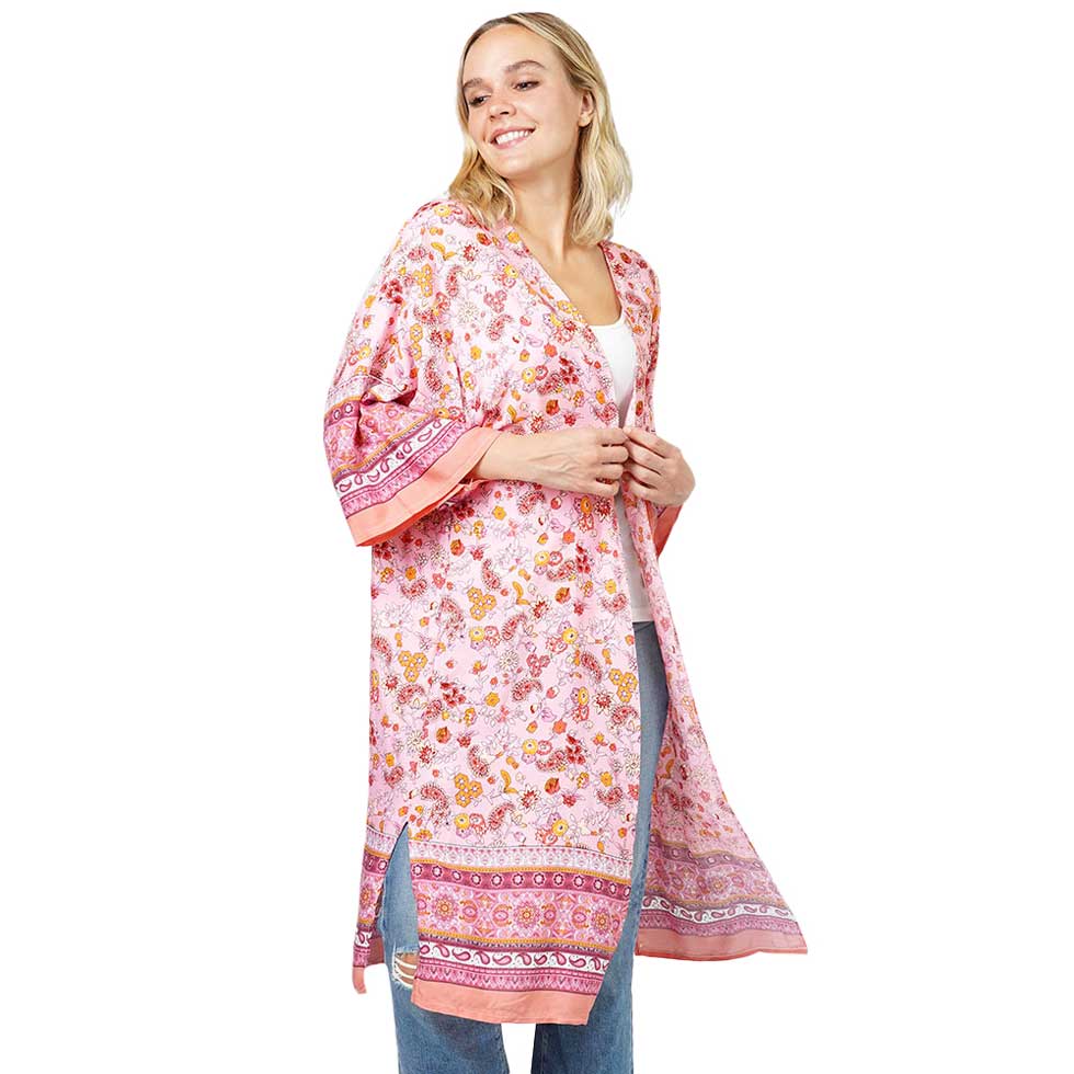 Pink Floral Patterned Cover Up Kimono Poncho, Lightweight and soft brushed fabric exterior fabric that makes you feel more comfortable. A fashionable eye-catcher will quickly become one of your favorite accessories, looking breezy and cool as you head to the beach. 