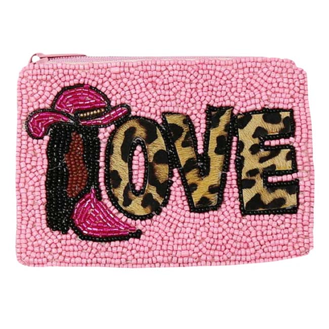 Pink Love Cowgirl Boot And Hat Seed Beaded Coin Purse, Add the perfect luxe to your Valentine attire giving off a strong festive atmosphere with this boot & hat coin purse! Great to carry something small or drop it in your bag. Perfect for carrying makeup, money, credit cards, keys or coins, & many more things. This seed-beaded coin purse features a top zipper closure for security.
