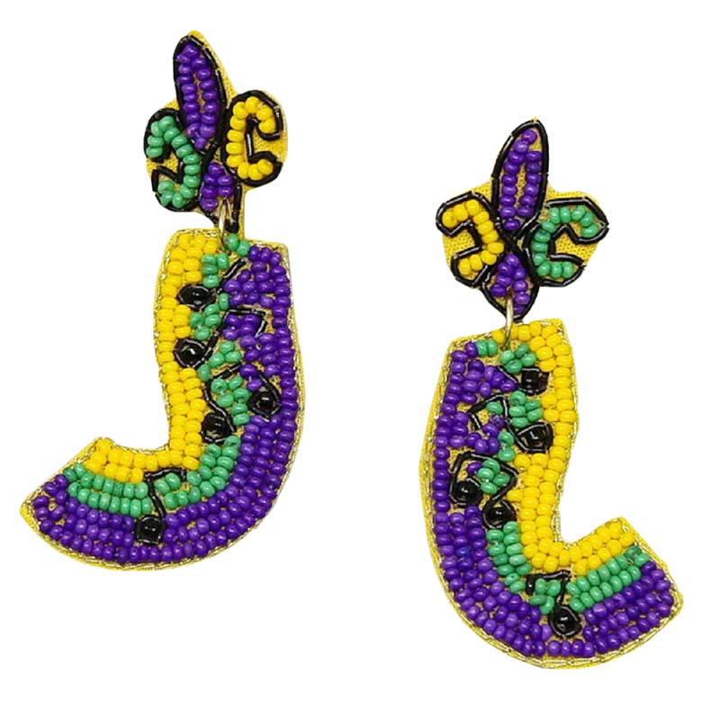 Purple Multi Mardi Gras Music Seed Beaded Earrings, these adorable seed-beaded earrings are a wonderful accessory for making your day and making you stand out everywhere! These playful music seeds beaded earrings feature the music signs with a mardi gras colors theme. This pair of yellow earrings will be the perfect gift the persons who love music. These earrings are perfect for mardi gras, parties, music time, night parties, concerts, festivals, and carnivals.