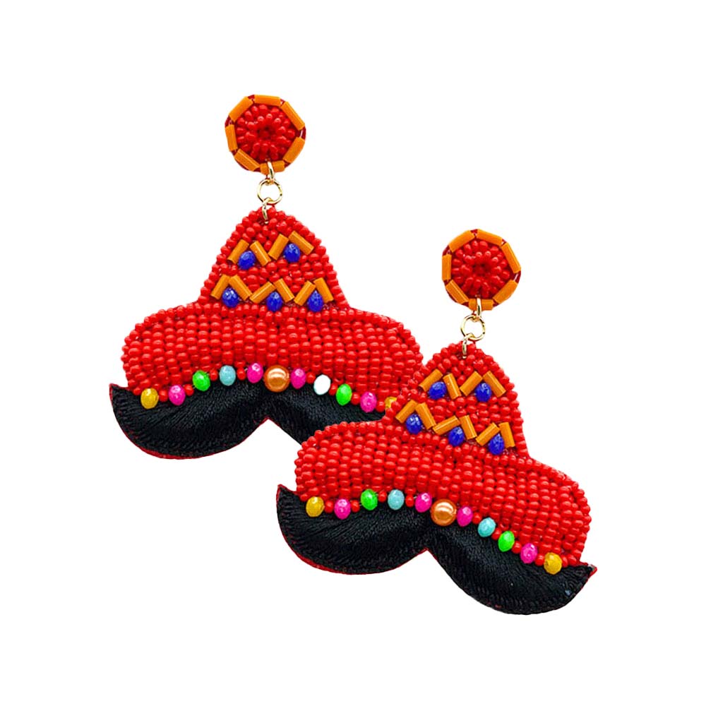 Neon Pink Felt Back Seed Beaded Hat Mustache Dangle Earrings, enhance your attire with these beautiful beaded hat mustache dangle earrings to show off your fun trendsetting style at Cinco De Mayo. Get a pair as a gift to express your love for your mom, daughter, or sister just for you on Cinco De Mayo, Anniversary, Holiday, etc.