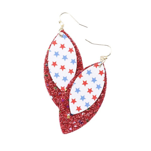 Blue Show your love for the USA with this sweet Faux Leather American USA Flag Star Glitter Teardrop Earrings. Star pattern for a bit of fashionable fireworks flair. Faux Leather American USA Flag Earrings, great for Independence Day, 4th of July, Memorial Day, Flag Day, Labor Day, Election Day, Veterans Day, President Day