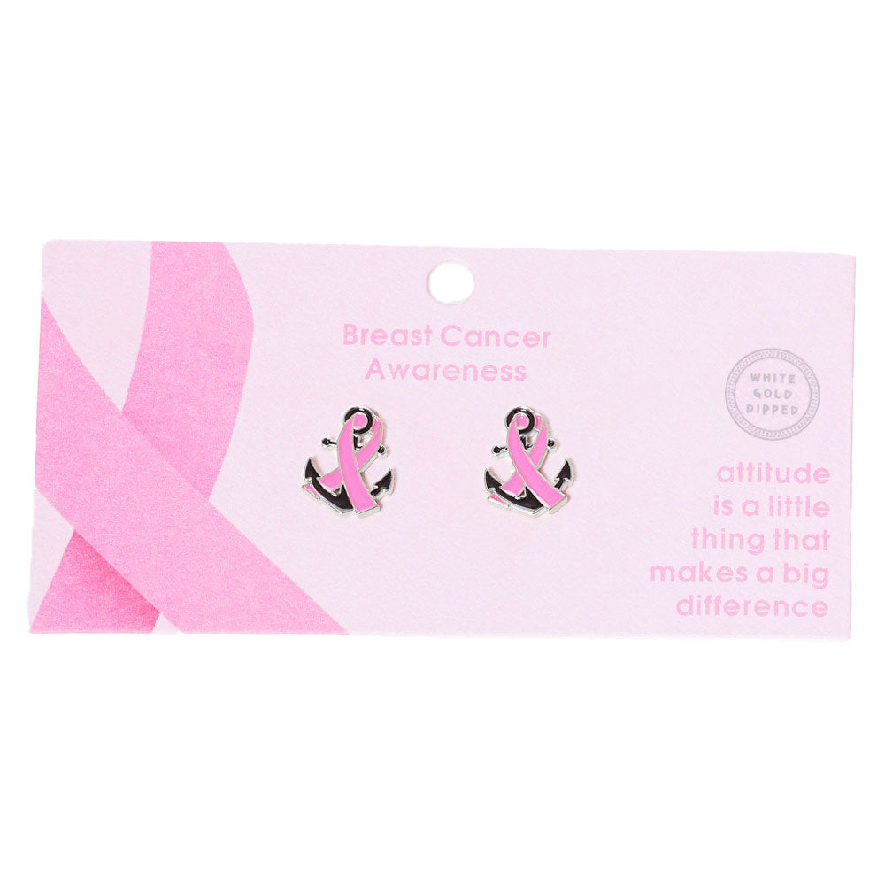 Rhodium Gold Dipped Enamel Anchor Pink Ribbon Stud Earrings, put on a pop of color to complete your ensemble. Perfect for adding just the right amount of shimmer & shine and a touch of class to special events. Perfect Birthday Gift, Anniversary Gift, Mother's Day Gift, Graduation Gift.
