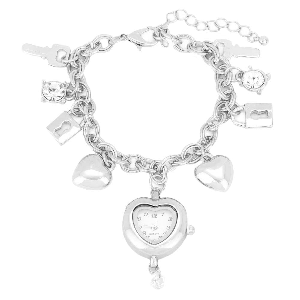 Gold Key Lock Heart Watch Charm Station Bracelet Watch, Get ready with these Station Bracelet, put on a pop of color to complete your ensemble. Perfect for adding just the right amount of shimmer & shine and a touch of class to special events. Perfect Birthday Gift, Anniversary Gift, Mother's Day Gift, Graduation Gift.