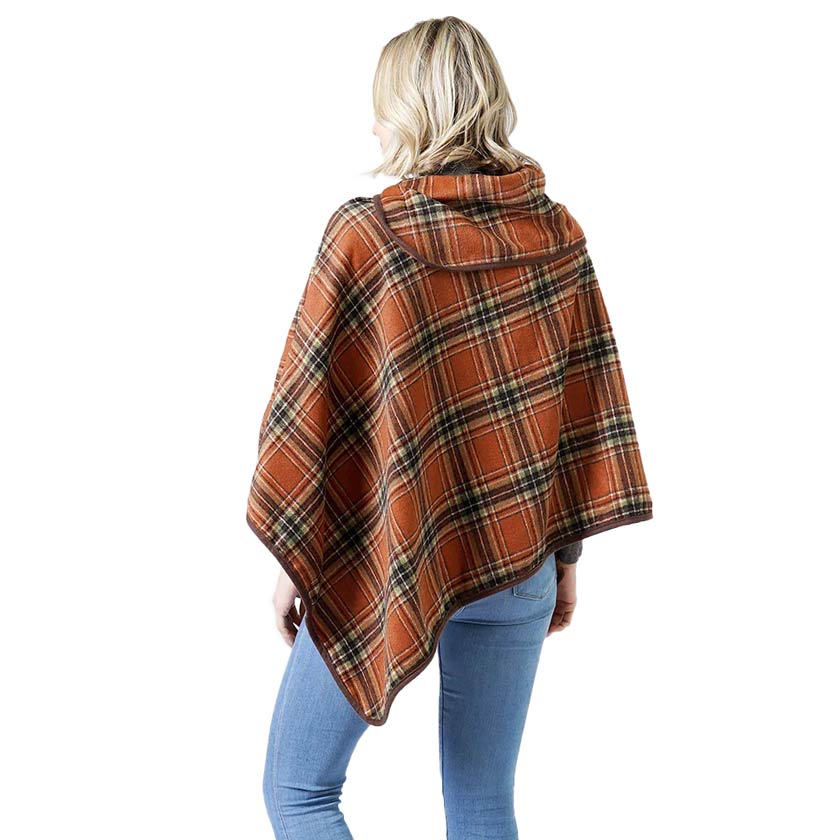 Rust Plaid Check Pattern Poncho With Button, is a beautifully designed and gorgeous looking one size poncho. The buttons and color variation make it more unique in style and give you better comfort than the regular one. You can throw it on over so many pieces elevating any casual outfit! Fashionable and eye-catcher wear that will quickly become one of your favorite accessories. A beautiful gift idea!