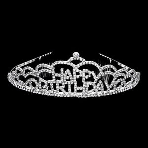 Silver Crystal Rhinestone Happy Birthday Party Tiara. this crystal rhinestone tiara is a classic royal tiara made from gorgeous rhinestone that reveals the epitome of elegance and birthday luxury, and grace. This unique Hair Jewelry is suitable for birthdays. to add a luxe, attraction, and a perfect touch of class. It's a very exquisite gift for the birthday girl that will bring a smile of joy to her.