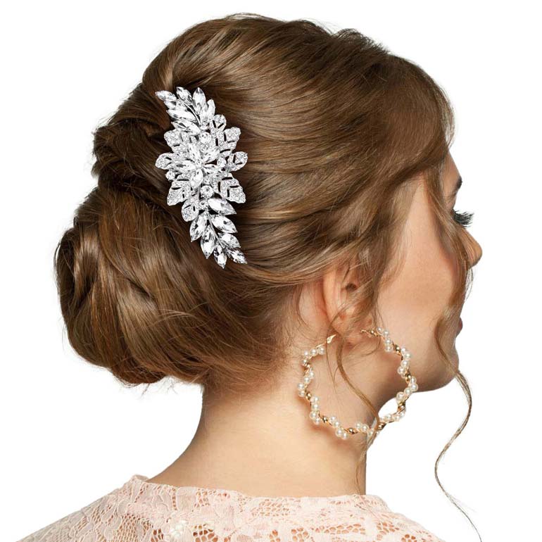Silver Marquise Flower Stone Embellished Hair Comb, Perfect for adding just the right amount of shimmer & shine to your hair to glow with beauty. It will add a touch of class, beauty, and style to your wedding, prom, or special events. The Flower Stone Embellishment keeps your hair sparkling all day & all night long. The elegant design will enhance your beauty attracting everyone's attention and transforming you into a bright star to wear with this flower hair comb. Make your style in a gorgeous way!