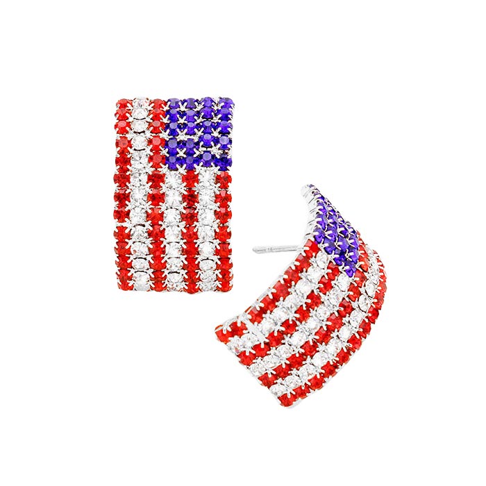 Gold Multi Crystal Pave American Flag Earrings, These beautifully unique designed dangle earrings with multi colors are suitable as gifts for your wife, girlfriend, beloved, friend, mom & favorite person. They will capture people's attention during the festival, & holiday & also will express your holiday wishes & greetings.
