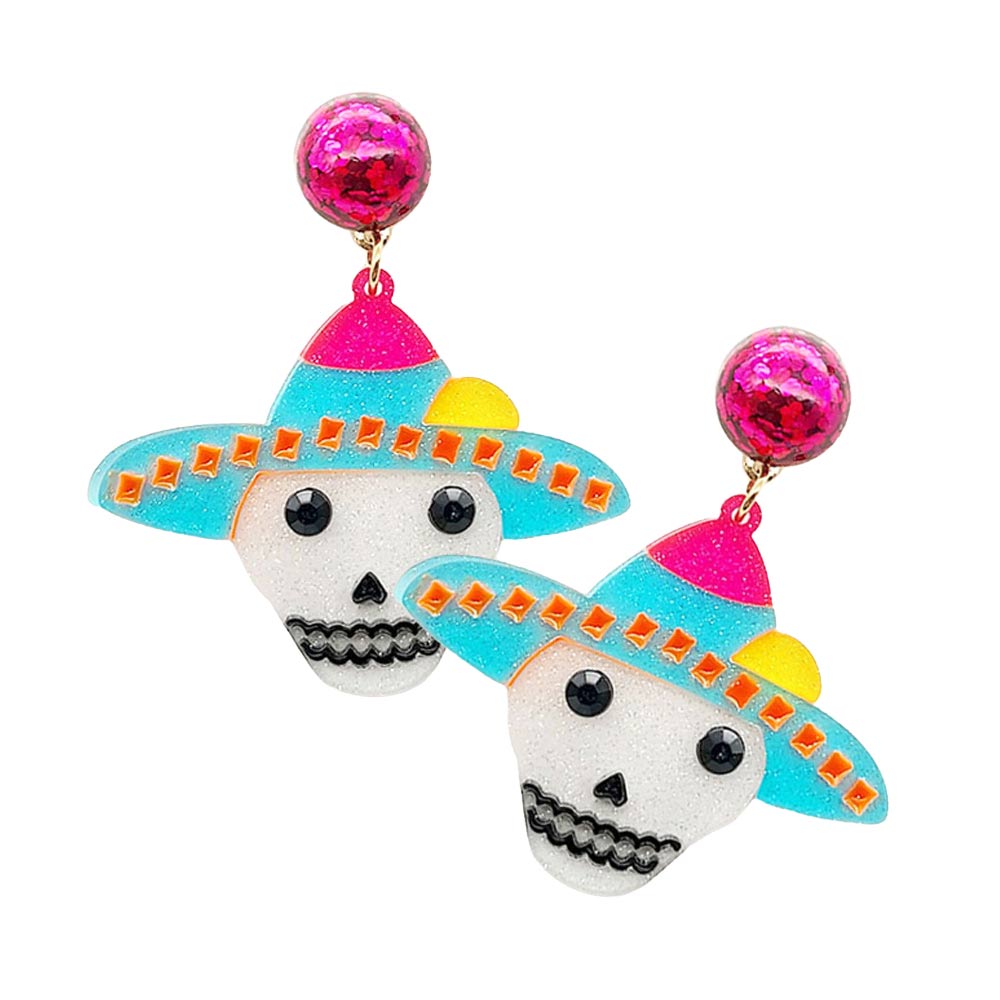 Fuchsia Glittered Resin Hat Skull Dangle Earrings, Get ready with these Halloween theme dangle earrings as part of your Halloween costume, or to dress up any outfit for Halloween. It can give you a more festive feeling and a different temperament. The colors are vibrant and the design is a seasonal delight. 