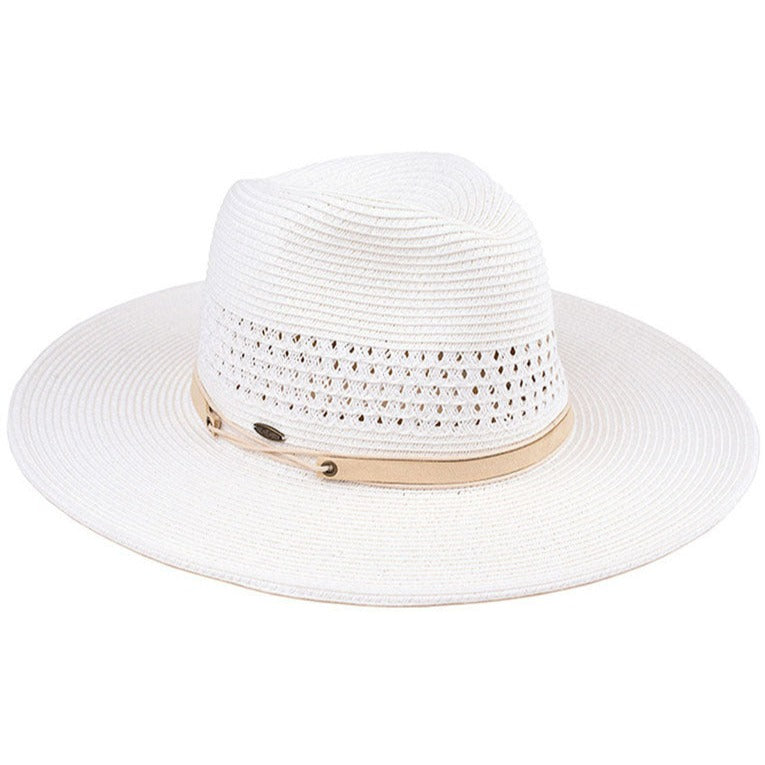 White C.C faux leather string paper straw panama hat. You’re basking under the summer sun at the beach, lounging by the pool, or kicking back with friends at the lake, a great hat can keep you cool and comfortable even when the sun is high in the sky. Large, comfortable, and perfect for keeping the sun off of your face, neck, and shoulders, ideal for travelers who are on vacation or just spending some time in the great outdoors.