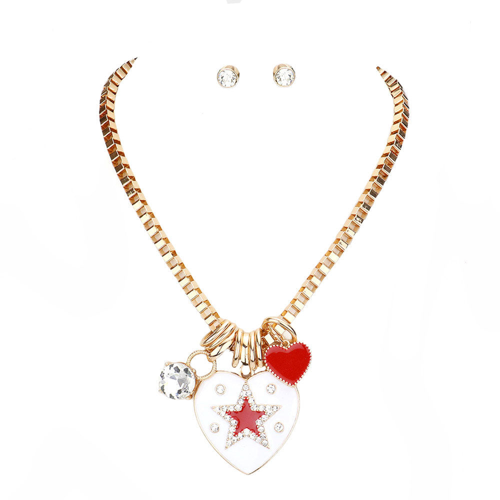 Red Star Centered Enamel Heart Round Stone Pendant Necklace, Get ready with these Pendant Necklace, put on a pop of color to complete your ensemble. Perfect for adding just the right amount of shimmer & shine and a touch of class to special events. Perfect Birthday Gift, Anniversary Gift, Mother's Day Gift, Graduation Gift.