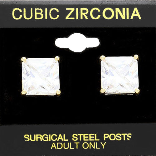 12mm Square CZ Stud Earrings - Gold