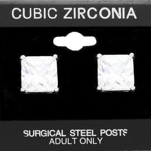 12mm Square CZ Stud Earrings - Silver