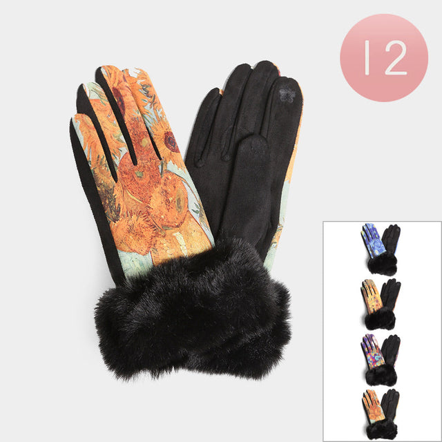Assorted 12Pairs - Painting Print Faux Fur Cuff Touch Smart Winter Gloves