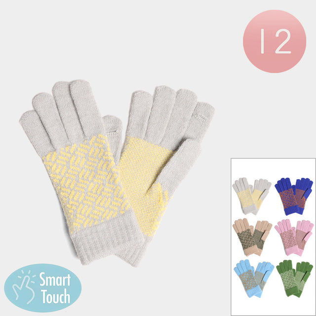 Assorted 12Pairs - Patterned Knit Touch Smart Winter Gloves