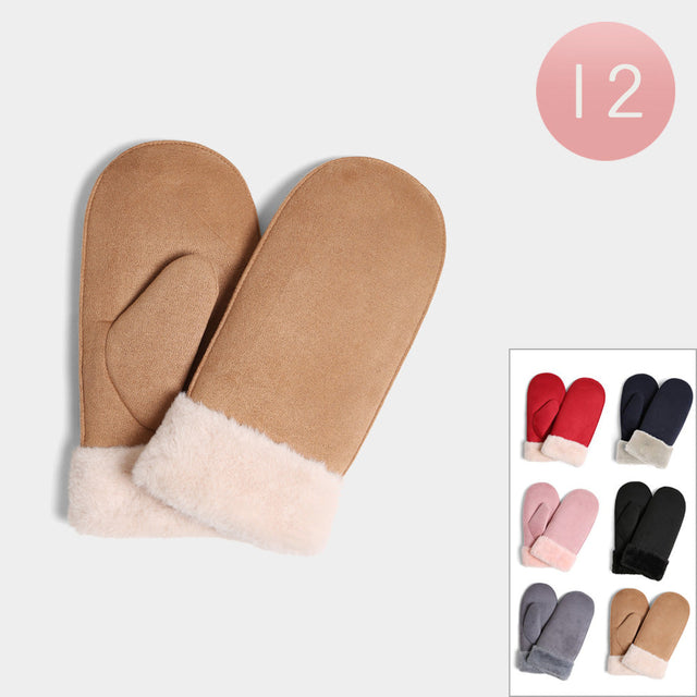Assorted 12Pairs - Suede Faux Fur Cuff Mittens