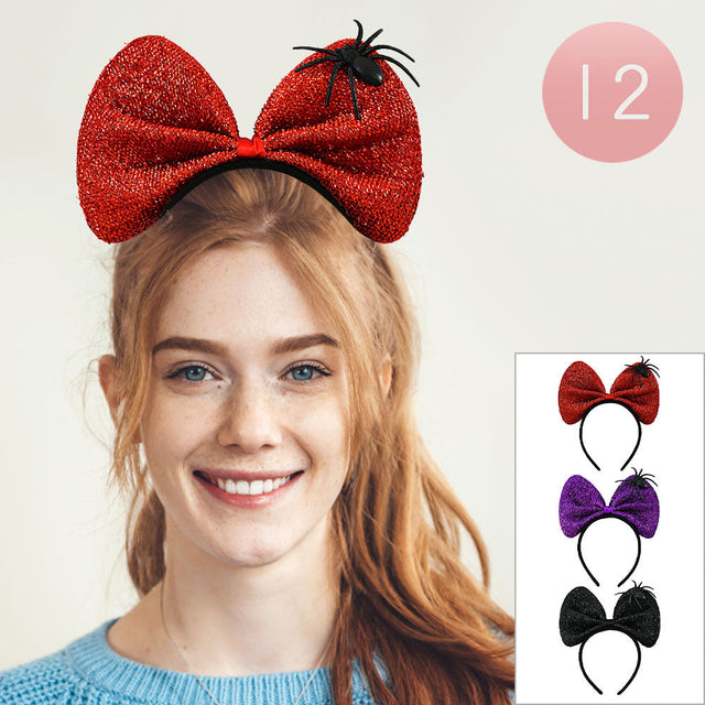 Assorted 12PCS - Halloween Spider Accent Oversized Bow Headbands