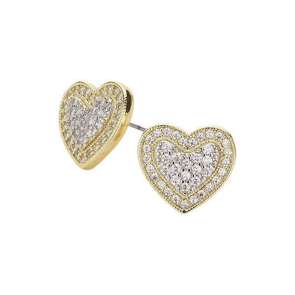 14K Gold Plated CZ Stone Paved Heart Stud Earrings are the perfect addition to any jewelry collection. The stunning heart-shaped design is accented with sparkling cubic zirconia stones, adding a touch of glamour to any outfit. Made with high-quality materials, these earrings are both durable and stylish, making them a must-have for any fashion-forward individual. 