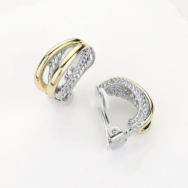 Two Tone 14K Gold Plated Two Tone Crisscross Clip On Earrings