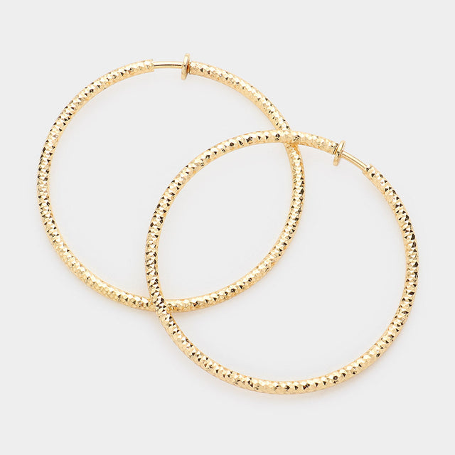 Matte gold 2.25" Textured Metal Hoop Clip on Earrings