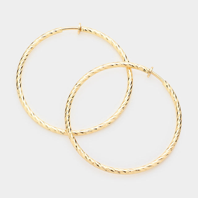 Matte gold 2.4" Textured metal hoop clip on earrings