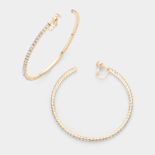 2.5 inch Rhinestone Hoop Clip on Earrings - Gold