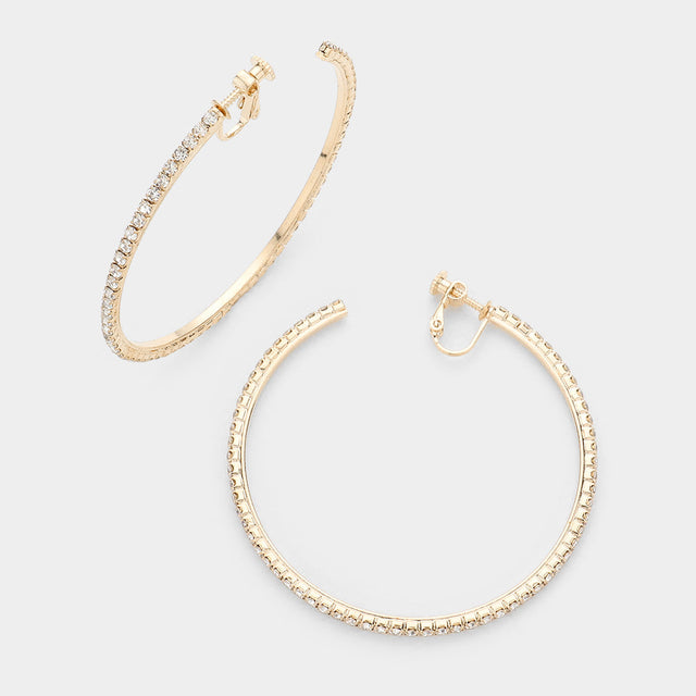 Gold 2.5 inch Rhinestone Hoop Clip on Earrings