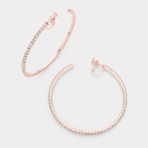 2.5 inch Rhinestone Hoop Clip on Earrings - Rose Gold